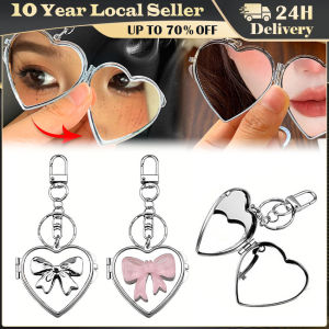 Heart Shape Bow Folding Mirror Keychain Double Sided Cosmetic Mirror Y2k Style Bag Pendant Sweet Cool Trendy Fashion Decor