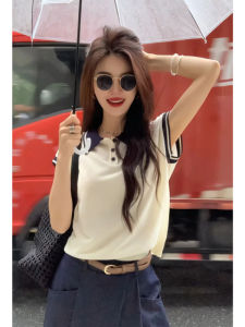 YUEZHONGWEI | Slim Fit American Collar Short Sleeve T-Shirt Women Summer New Style Polo Shirt Top Korean Style Splice Creative Pattern
