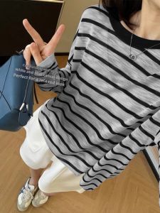 HUOLISI | Breathable Cool Bamboo Linen Contrast Stripe Long Sleeve T-shirt
