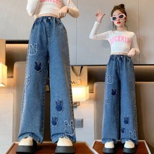 Girls Jeans for Kids Teens 8-16 Years Old Loose Pants Denim Jeans New Pants Wide Leg Trousers Embroidery Jeans High Waist Baggy Pants Fashion Casual Aesthetics Korean New Style 2024