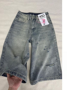 Washed Vintage Hole Summer Thin Denim Shorts Women Loose High Waist Wide Leg Medium Pants Casual Style Cotton Blend Jeans