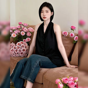 BINKAFENNY | White V-Neck Hanging Neck Vest Women Summer New Loose Slimming Belly Covering Elegant Beautiful Sleeveless Top Korean Style