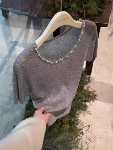 Chic Knitted Ice Silk Short Sleeve T-Shirt Grey Heavy Beading Womens Summer Fashion Unique Comfortable Korean Style Loose Fit