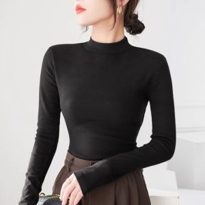 เสื้อยืดคอกลมแขนยาวทรงสลิมฟิตสำหรับผู้หญิง ทรงเข้ารูป ปกตัว สีดำ สำหรับใส่ไปทำงานในฤดูใบไม้ร่วงและฤดูหนาว