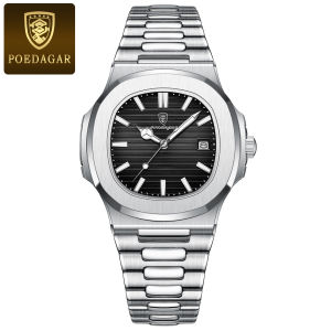 POEDAGAR Fashion Business Man Watch Waterproof Luminous Date Stainless Steel Men Quartz Watch Luxury Square Mens Watches Reloj