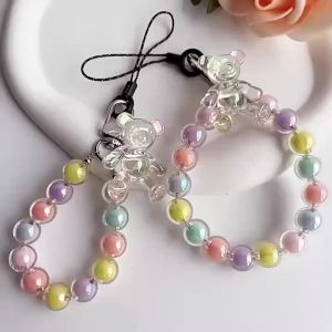Phone Hand Lanyard Crystal Macaron Beads Bear Wrist Strap for iPhone Huawei Redmi Xiaomi Samsung Camera Keychain Hang String