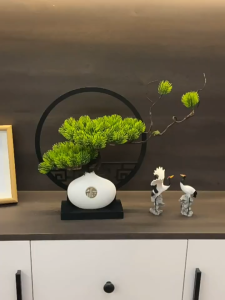 Chinese Guest-Greeting Pine Artificial Bonsai Tree with Vase & Base | Chinese Style Home Decor Feng Shui Ornament | Tabletop Decoration Gift