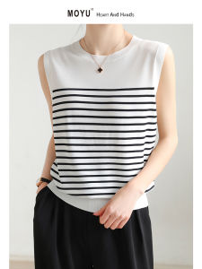 Black White Striped round Neck Sleeveless Ice Silk Vest Women Summer Thin Base Layer T-Shirt Top Underwear Outerwear