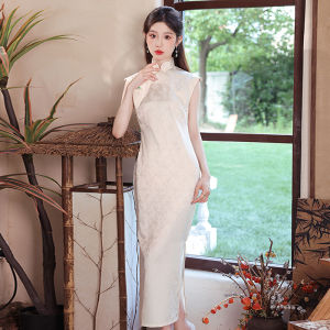 White Young Style Sleeveless Wedding Dress Cheongsam High Slit Breathable Fabric for Engagement Party And Drinking Ceremony
