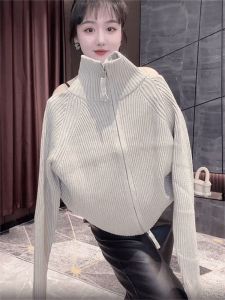 ทันสมัย คอสูง เสื้อสเวตเตอร์ถัก ผู้หญิง พรางหุ่น ต่อต้านวัย ซิป ดีไซน์ คาร์ดิเกน แจ๊กเก็ต หลวม ประเภทยาว แขนเสื้อ คอเต่า