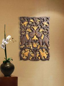 YILI | Thai Wooden Elephant Carving Panel