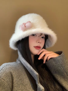 Cherry Rabbit Fur Bucket Hat Womens Winter Warm Plush Fisherman Cap Cute Face Slimming Large Head Size Comfortable Hat