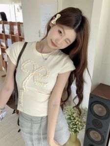 Áo Thun Cotton American Grey Pleated Butterfly Knot round Neck Short Sleeve Women Summer Slim Fit Body Shaping Tight Top