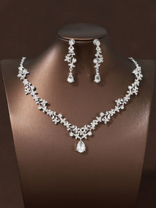 Korean Style Simplicity Water Diamond Necklace And Earring Set Luxury Bride Clavicle Chain Wedding Dress Accessory Two-Piece Set