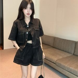 GUZILIAN | Chic Summer Fashion Set Womens Short Sleeve Shirt Wide Leg Shorts Small Fragrance Style Commute Korean Version Two-Piece Suit