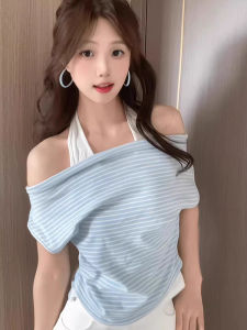 Áo Thun Nữ Mùa Hè Cổ Chữ V Kẻ Sọc Phong Cách Hàn Quốc Dáng Ôm Vừa Vặn Tay Ngắn Chất Liệu Cotton Dài Ngắn