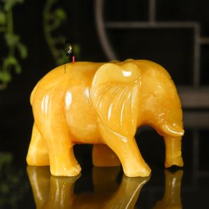 Natural Rice Yellow Jade Elephant Figurine Wealth Attractor Pair Home Living Room Moving Gift Decoration Carving Craft Desktop