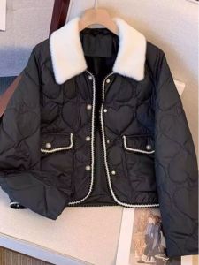 Shalldoer | Áo Khoác Dày Quilted Elegent Có Cổ Lông Đen Ngắn