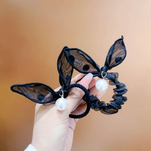 Feminine Korean Style Hair Ties Womens Simple Lace Net Polka Dot Rabbit Ear Bow Knot Pearl Embellished Hair Bands