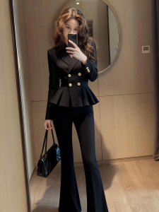 Autumn New Arrivals Womens Petite Unique Elegant High-End Stylish Waist-Cinching Black Suit Jacket