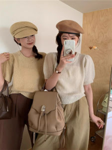 เสื้อสเวตเตอร์คอตั้งแขนพองสไตล์ฝรั่งเศสสำหรับผู้หญิงในช่วงฤดูร้อน เสื้อสเวตเตอร์ถักนิตติ้งคอตตอนนุ่ม แขนสั้น เสื้อคลุมกันหนาวแบบสวมหัว