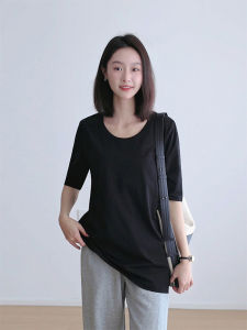 Pure Cotton U-Neck Mid-Length 5-Sleeve T-Shirt Womens Loose Fit Summer Yoga Pants Casual Style Straight Cut Knitted Top