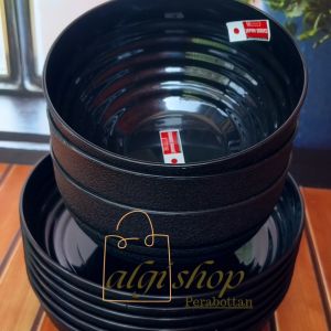 8Pcs isi Mangkuk ramen bulat hitam campur piring bulat cekung plstc tebal gratis sendok