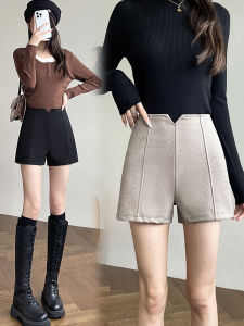 High Waist A-Line Short Pants Black Woolen Casual Loose Slimming Split Waist Korean Style 3/4 Length Womens Pants