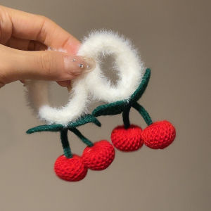 Adorable Plush Hair Ties for Girls Cherry Weaved Hair Bands Autumn Winter No Damage Hair Accessories for Kids Baby Girls