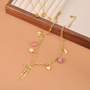 JeeMango Fashion bowknot Heart Flower Pendant Necklace 18K Gold Color Plated Stainless Steel Jewelry Womens Accessories N25092