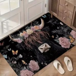 VIKAMA Highland Cow Flower Wreath Welcome Doormat Vintage White Wood Floor Mat Non Slip Entryway Bathroom Rug Home Decor
