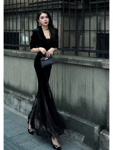 SHANGSHA | Luxury Sophisticated Women Charm Special Occasions Velvet Dress Set