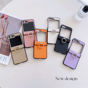 Luxury Full Protection Ring Holder Leather Phone Casing Samsung Galaxy Z Flip 6 Z Flip 5 Z Flip 4 Z Flip 3 Non-fingerprint Shockproof Back
