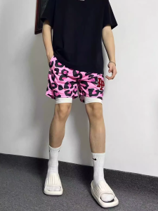 Pink Fake Two-Piece American Leopard Print Shorts Mens Summer Running Quick-Drying Four Points Basketball Shorts Casual Fitness Sports Pants