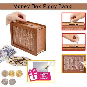 [blingfirst] Money Box Piggy Bank Wood Money Bank Reusable Money Box With Saving Goal And Numbers To Check For Helps The Habit Of Saving [MY]
