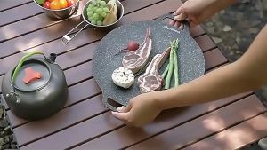 BBQ Grill Pan，Non-Stick Pan Korean Grill Pan for Gas/Electric Stove Top Round BBQ Griddle Pan with Hangable Handles Multifunctional Stove Plate for Meats Pancakes Ribs for Outdoor Home Baking Pancakes Ribs