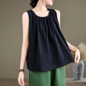 Summer Fashion round Neck A-Line Silk Cotton Pleated Sleeveless Vest Women Loose Casual Slimming Solid Color Leisure Top
