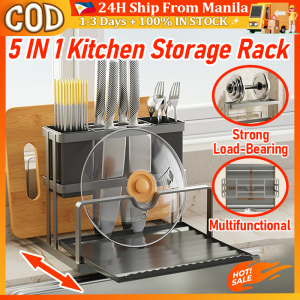 5 In 1 Kitchen Utensil Rack Organizer Knife Holder With Drain Pan Tableware Storage Rack Kitchen Racks Organizer Steel Cutlery Knife Spoon Fork Cutting Board Utensils Holder For Home