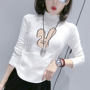 Womens Slim Fit Long Sleeve T-Shirt Half High Collar Flocking Base Shirt Spring Autumn Winter Inner Wear Regular Length Korean Style