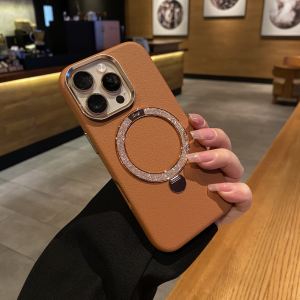 High-End Leather Texture iPhone 16 pro Max Case with Stand Built-In Metal Lens Anti-Fall Magsafe Magnetic Attraction Simple Protection Cover