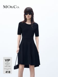 MO&Co. | Hollowed Circle Structured High Waist Flared Black Knitted Dress