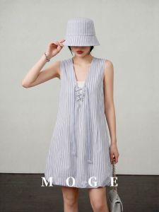 Vintage Stripe Contrast Binding Sleeveless Dress