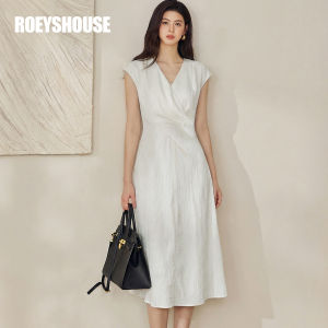 Roey s house | Cool Texture Embroidered Beige Womens Summer Elegant Office V-Neck Wrinkled Waist Gathering Midi Dress