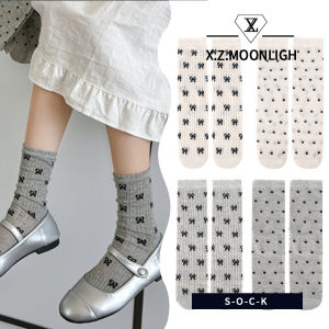 X.z. Moonligh】โบว์ถุงเท้าลายจุดสีขาวผ้าฝ้ายบางกลวงตาข่ายบางสำหรับผู้หญิงถุงเท้าลูกไม้ฤดูร้อน