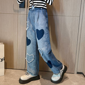 Rolanko 5-14 Year Baggy Jeans Pants for Kids Girls Fashion Straight Trousers Wide Leg Pants Heart Print Bottom Childrens Elasticated Waist Casual Wear