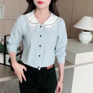 AMMIN 2025 Spring New Double-Layer Embroidered Doll Collar Shirt Womens Korean Style Lapel Fashion Striped Print Single-Breasted Design Long Sleeve Elegant Blouse