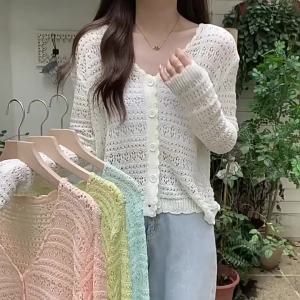 <1220> Áo Khoác Nữ Ngắn Dệt Kim Rỗng 2024 Áo Chống Nắng Khăn Choàng Dài Tay Mùa Xuân Thu Áo Điều Hòa Áo Cardigan MỏNg MặC Ngoài