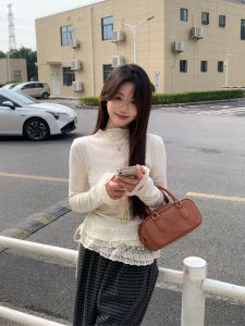 Half Turtleneck Lace Dralon Bottoming Shirt Womens Fall/Winter Slim Shoulder High Street Inner Wear Can Be Outwear Long Sleeves T-Shirt Tops