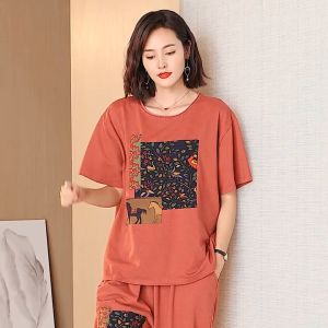 Retro Leaf Creative Printing Casual Fashion Womens Set Large Size Age Reducing Sports Wear Two Piece Set
