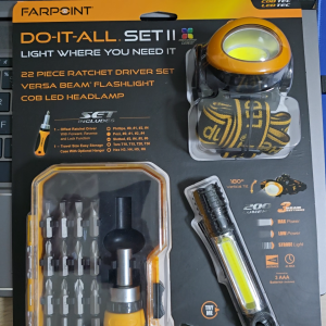 FARPOINT Do-It-All Set II 22PC Ratchet Driver Set - Versa Beam Flashlight - COB LED Headlamp